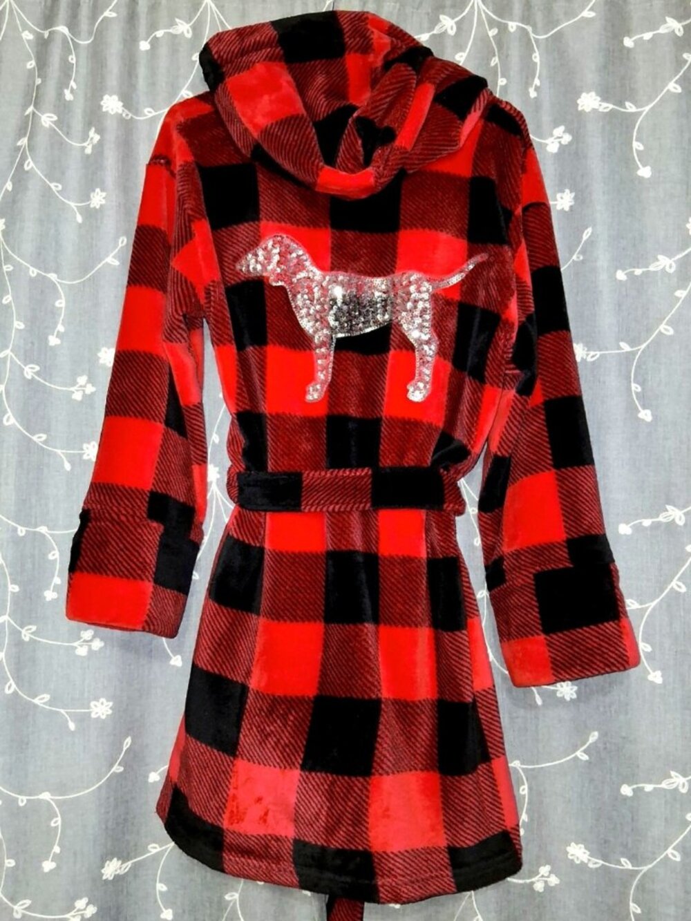 Victoria's Secret PINK Sequin Bling Hooded Red Plaid Plush Fleece Robe Size XS/S